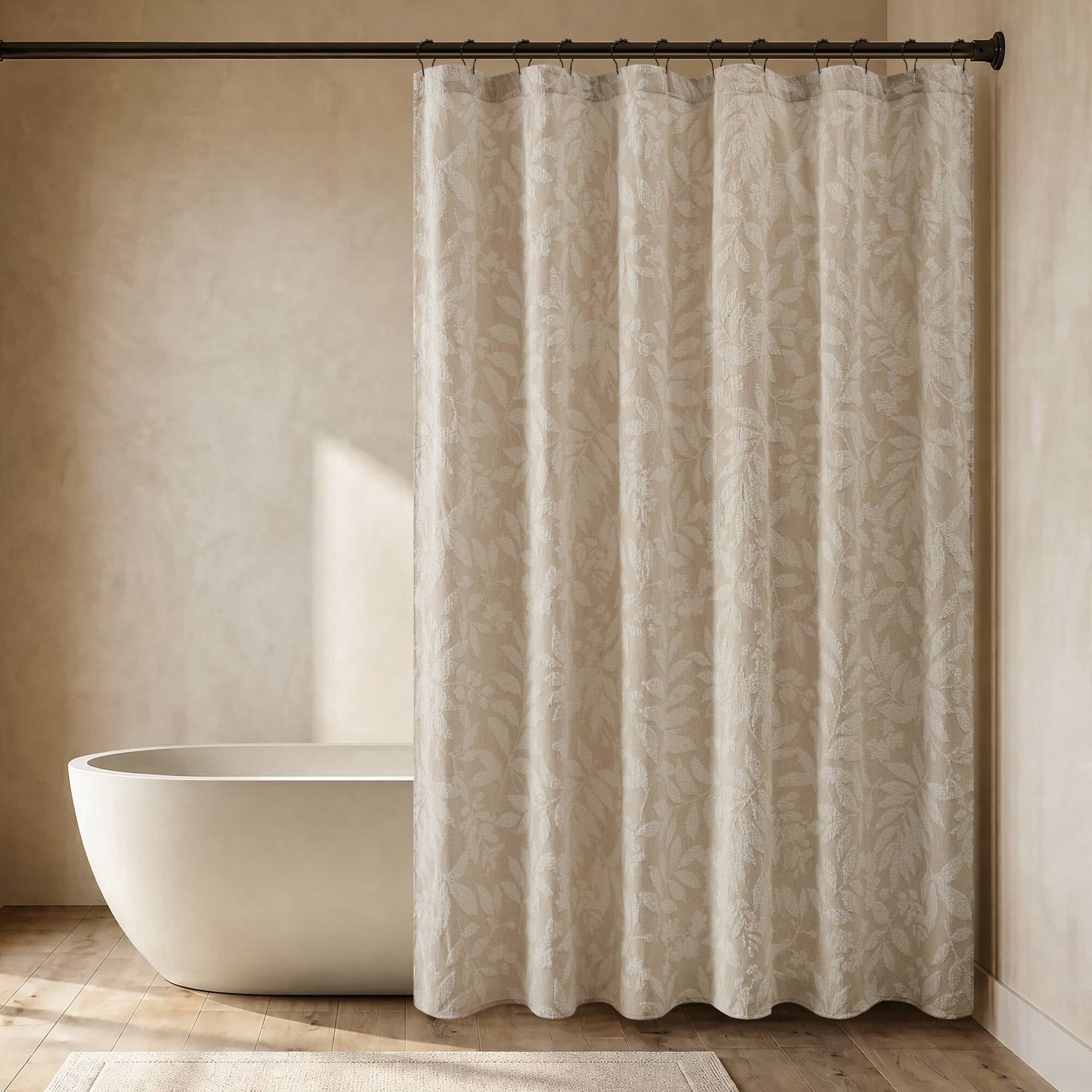 Cotton Blend Botanical Jacquard Shower Curtain, 72 x 72 in, Tufted Leaf Motifs, Machine Washable