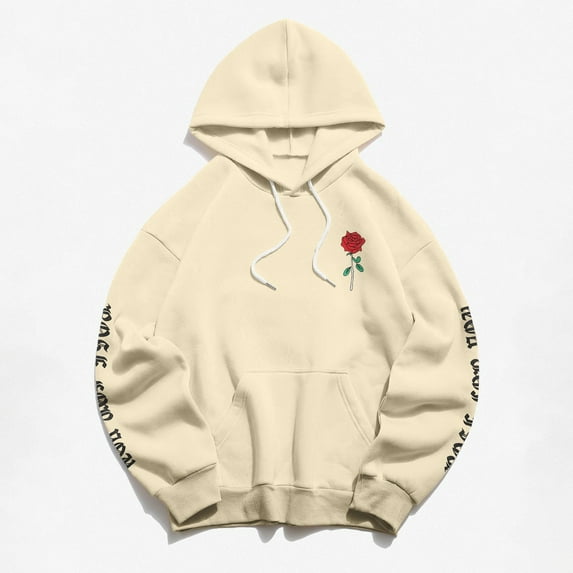 Cotton-Blend Hoodie Unisex Rose Letter Print Hooded Pullover Kangaroo Pocket Sweatshirt Womens Tops Fall Fashion 2023 Beige