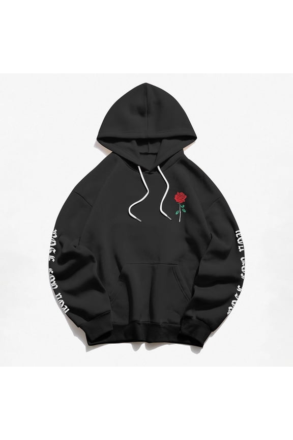 Cotton-Blend Hoodie Unisex Rose Letter Print Hooded Pullover Kangaroo Pocket Sweatshirt Womens Tops Fall Fashion 2023 Black