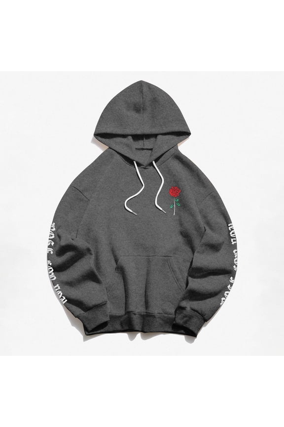 Cotton-Blend Hoodie Unisex Rose Letter Print Hooded Pullover Kangaroo Pocket Sweatshirt Womens Tops Fall Fashion 2023 Dark Gray