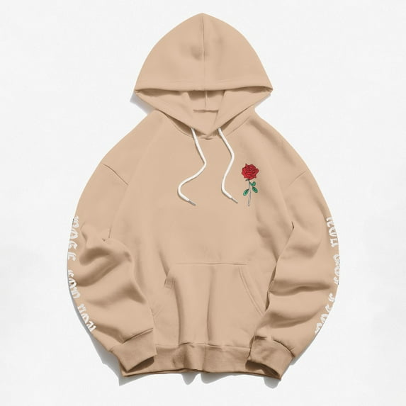 Cotton-Blend Hoodie Unisex Rose Letter Print Hooded Pullover Kangaroo Pocket Sweatshirt Womens Tops Fall Fashion 2023 Khaki