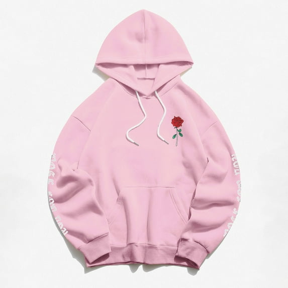 Cotton-Blend Hoodie Unisex Rose Letter Print Hooded Pullover Kangaroo Pocket Sweatshirt Womens Tops Fall Fashion 2023 Pink