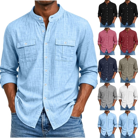 Cotton Blend Men Short Sleeve /Long Sleeve Button Down Shirts Solid Color Henley Collar Tshirt With Pockets
