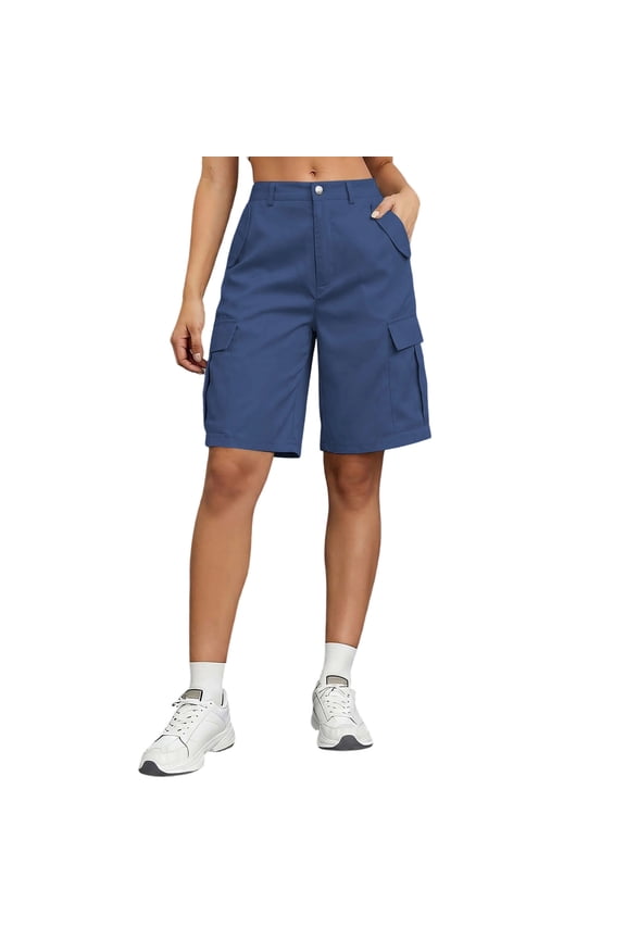 Cotton Blend Shorts for Women Zip Fly Women's Cargo Shorts with Belt Loop Pockets for Summer Casual Work Travel Navy M(M)