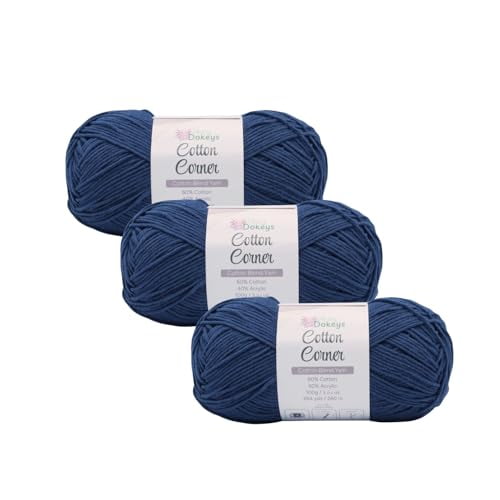 Cotton Blend Yarn 300g/852yds, 60% Cotton and 40% Acrylic, Never Compressed to Keep Yarn Fluffy, 3 Packs, Each skein - 3.53oz/100g, 284yds/260m, Sapphire, Color 14