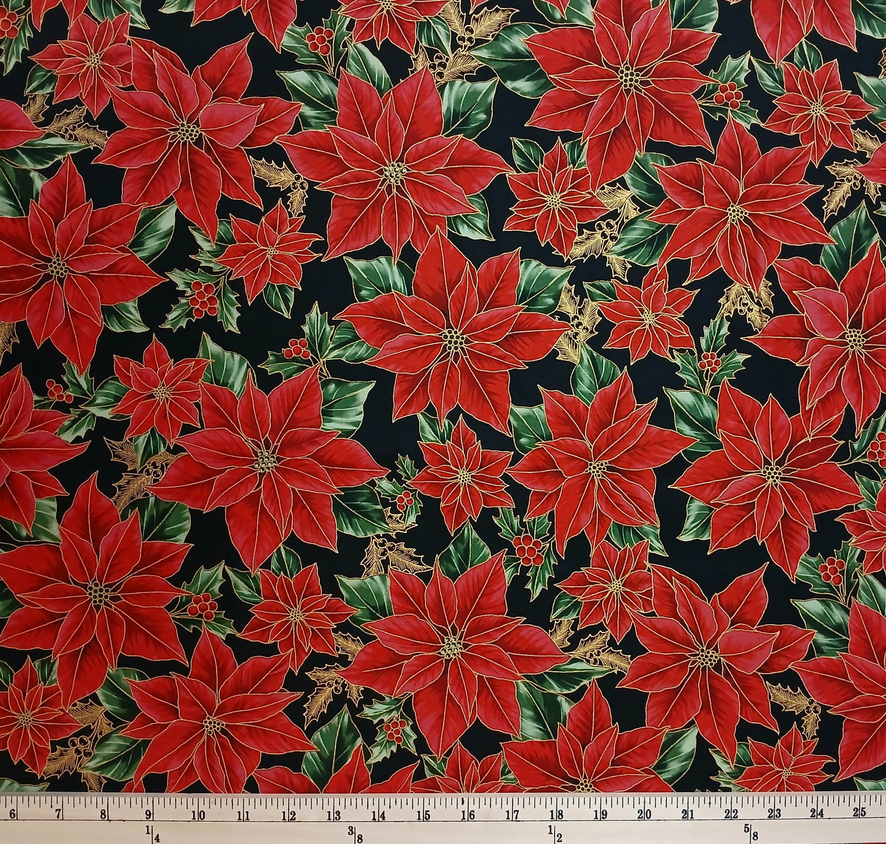Cotton Blooming Holidays Poinsettia Flowers Christmas Holidays Winter Season Hoffman California Fabrics Cotton Fabric Print by the Yard (D7787-4G-BLACK/GOLD)