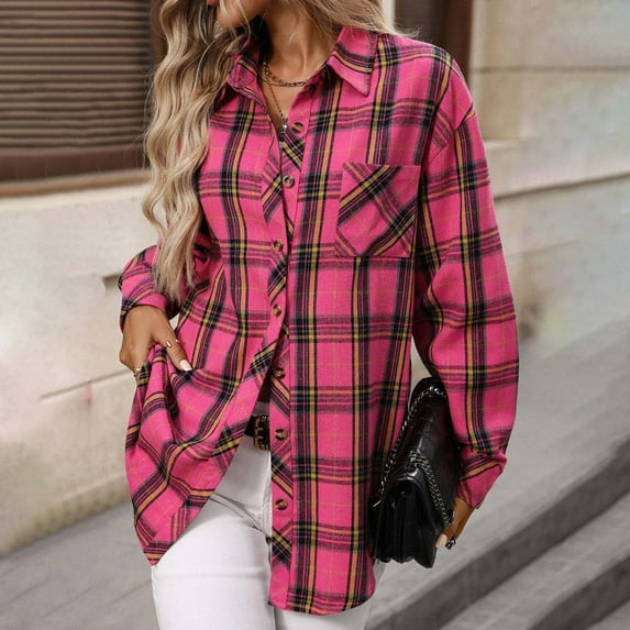 Cotton Blouses for Women Plaid Button Down Shirts Long Sleeve Business Casual Tops Blouse for Ladies Trendy Fall Clothes Lightweight Shacket Large Plaid Shirts