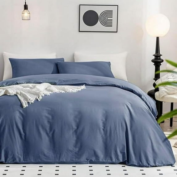 Cotton Blue Duvet Cover Twin Size - 100% Washed Cotton Linen Like Textured Comforter Cover, 2 Pieces Breathable Soft Bedding Set with Zipper Closure (Blue, Twin 68"x90")