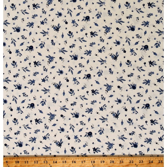 Cotton Blue Flowers on Cream French Quarter Small Floral Cotton Fabric Print by the Yard (MAS10603-E)