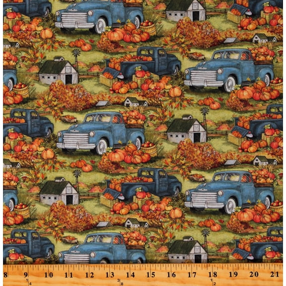 Cotton Blue Trucks Pumpkins Barns Harvest Food Produce Autumn Fall Seasonal Thanksgiving Blue Cotton Fabric Print by the Yard (80772-A620710)