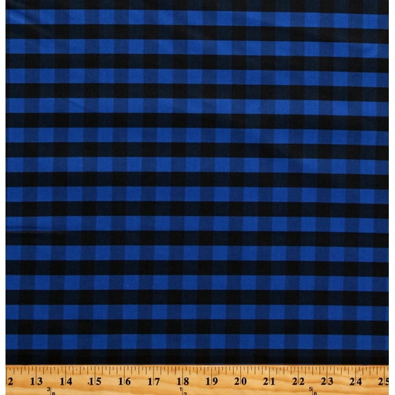 Cotton Blue and Black Checkered Plaid Buffalo Blue Checked Checks Cotton Fabric Print by the Yard (112258-CA61220)