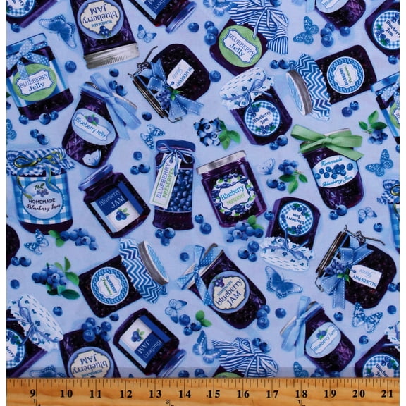 Cotton Blueberry Jam Homemade Preserves Blueberries Food Blueberry Hill Jamboree Sky Blue Cotton Fabric Print by the Yard (12640-54)
