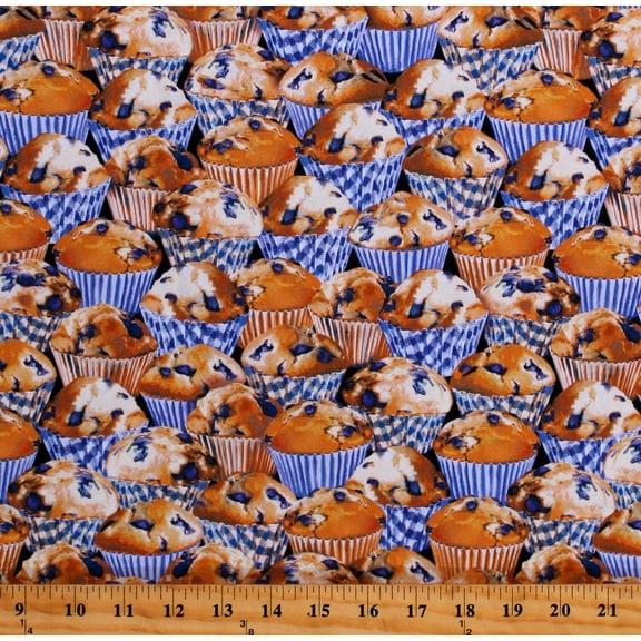 Cotton Blueberry Muffins Stacked Desserts Snacks Food Breakfast Blueberries Blueberry Hill Cotton Fabric Print by the Yard (12642-99)