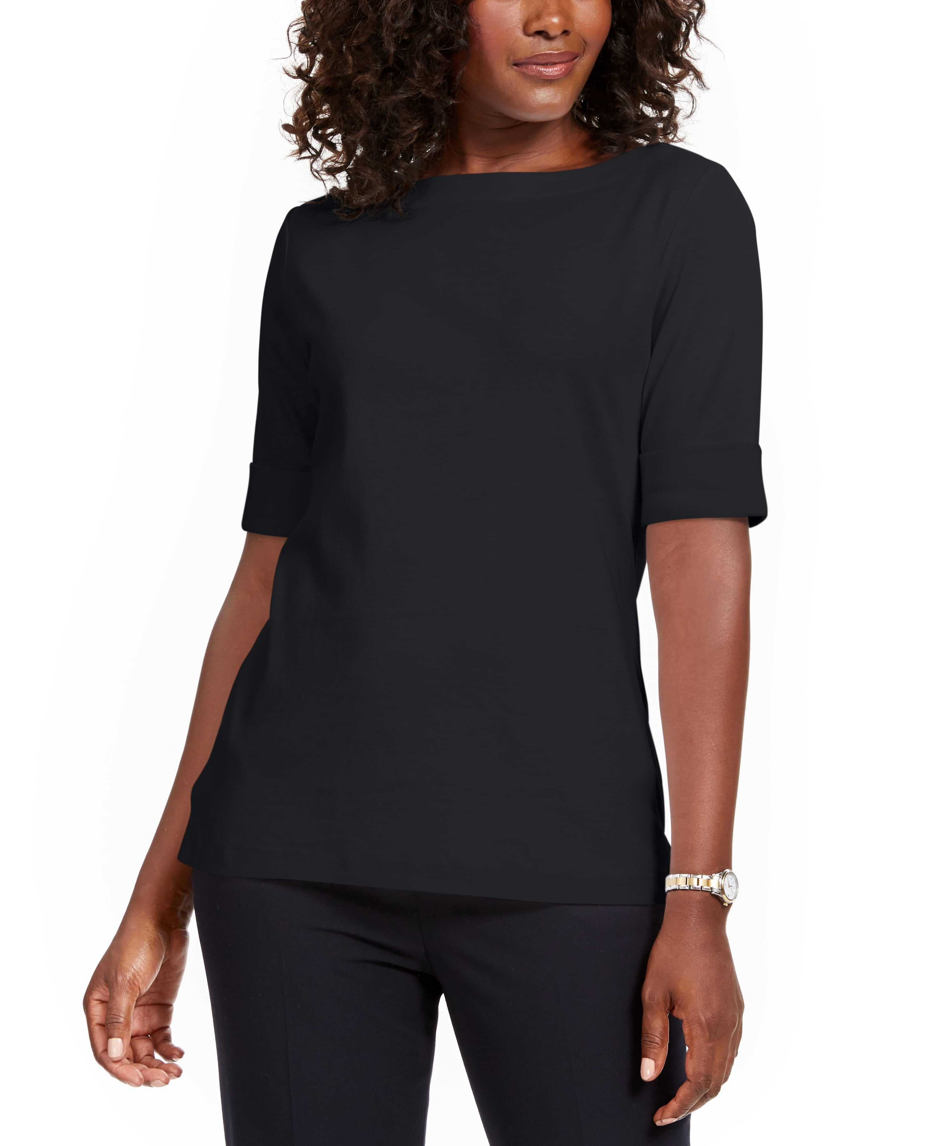 Cotton Boat-Neck Top Deep Black L - Walmart.com
