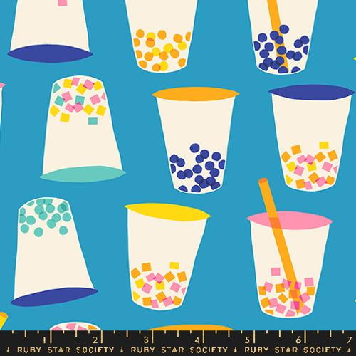 Cotton Boba Tea Cups Blue Cerulean Eye Candy Ruby Star Society Cotton Fabric Print by the Yard (RS5154-1315)