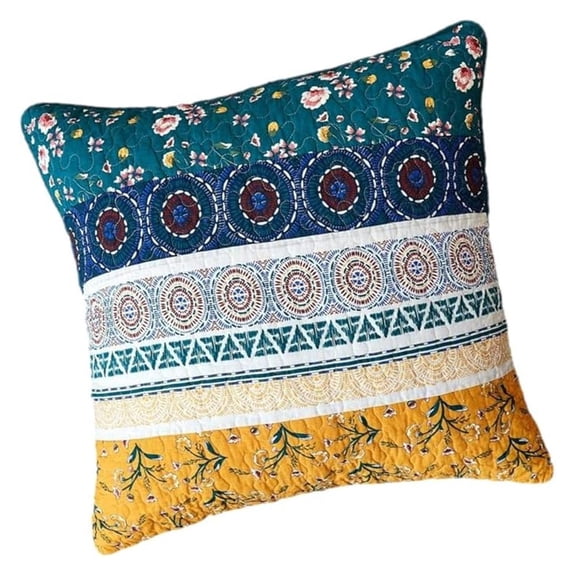Cotton Bohemian Floral Euro Pillow Sham Cover - Patchwork Bed of Wild Flowers Gardenia Botanical - Vibrant Striped Green Blue Yellow Colors - 26" x 26" -1-Piece