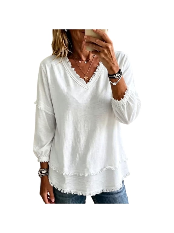 Cotton Boho Tops for Women Dressy 2026 Fall Fringe Gauze Shirts Three Quarter Sleeve Top Vacation Linen Blouses,L