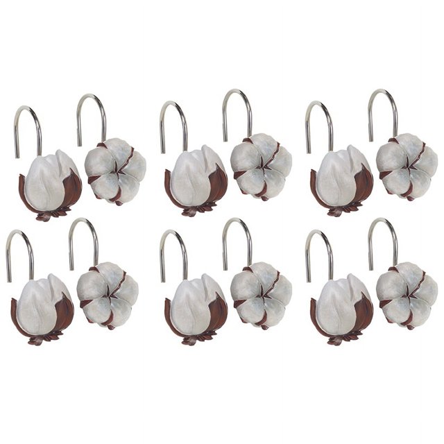 Cotton Boll Shower Curtain Hooks with Rustic, Floral Design Set of 12 Shower