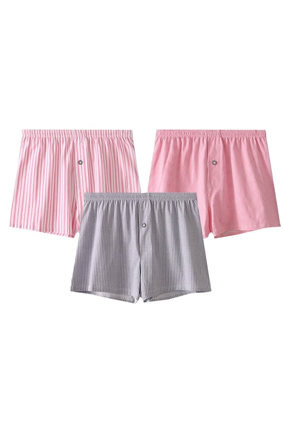 Cotton Boxers Shorts Mens Stretch Knit Boxer Shorts 3 Pack Solid Underwear Striped Sleep Short Button Fly Size M-2XL Multicolor