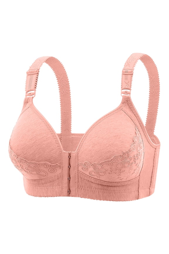 Cotton Bras for Women Plus Size Embriodery Full Coverage Push Up Front Closure Posture Back Unpadded Wireless Everyday Bra,Pink,42 B