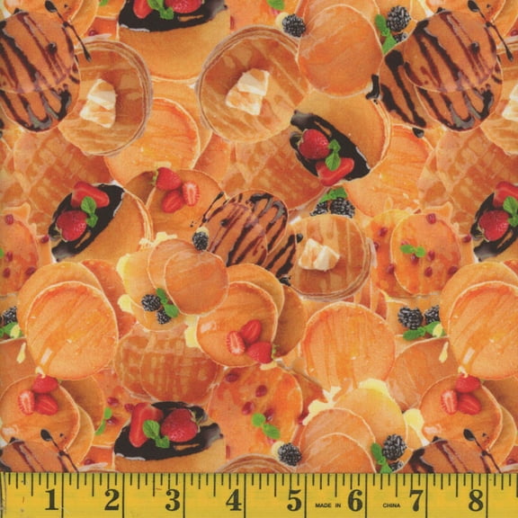 Cotton Breakfast Pancakes Breakfast Food Fruit Orange Cotton Fabric Print by the Yard (127611)