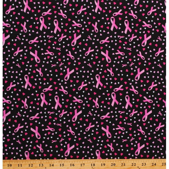 Cotton Breast Cancer Awareness Pink Ribbons on Black Cotton Fabric Print by the Yard (112788)