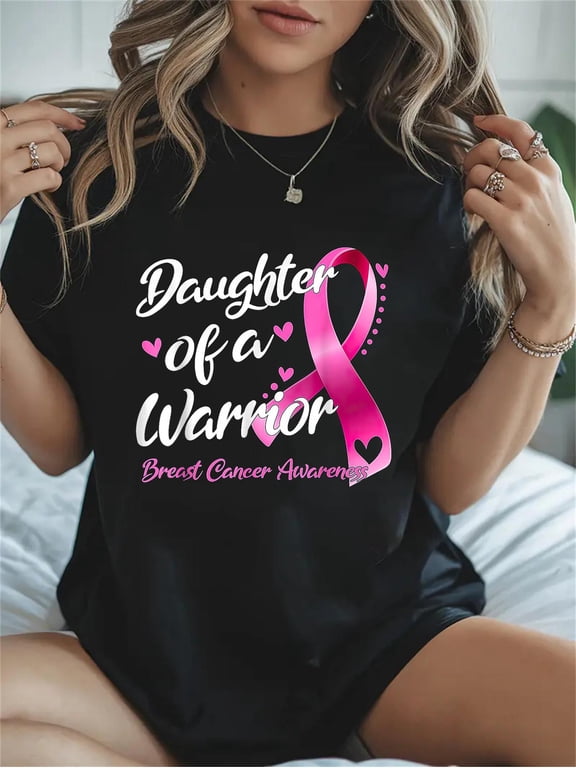 Cotton Breast Cancer Fighter Awareness Daughter of A Warrior Casual Graphic Daily T-Shirt