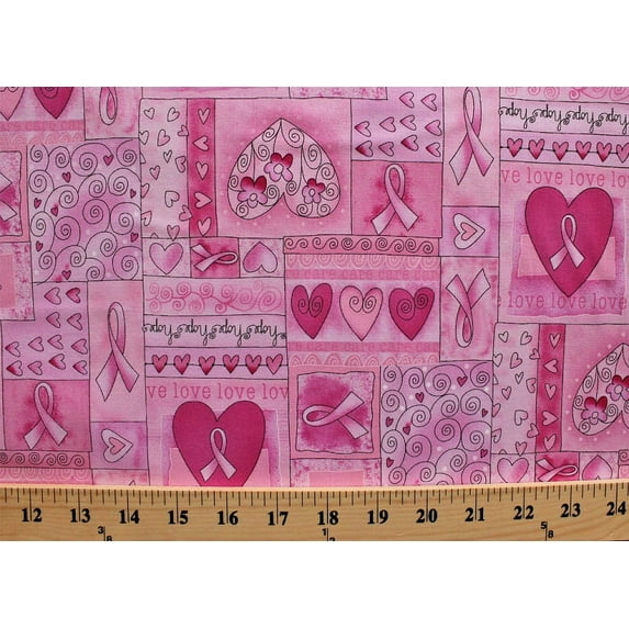 Cotton Breast Cancer Ribbon Hearts Love Happy Pink Cotton Fabric Print by the Yard (gail-c1766) D763.44
