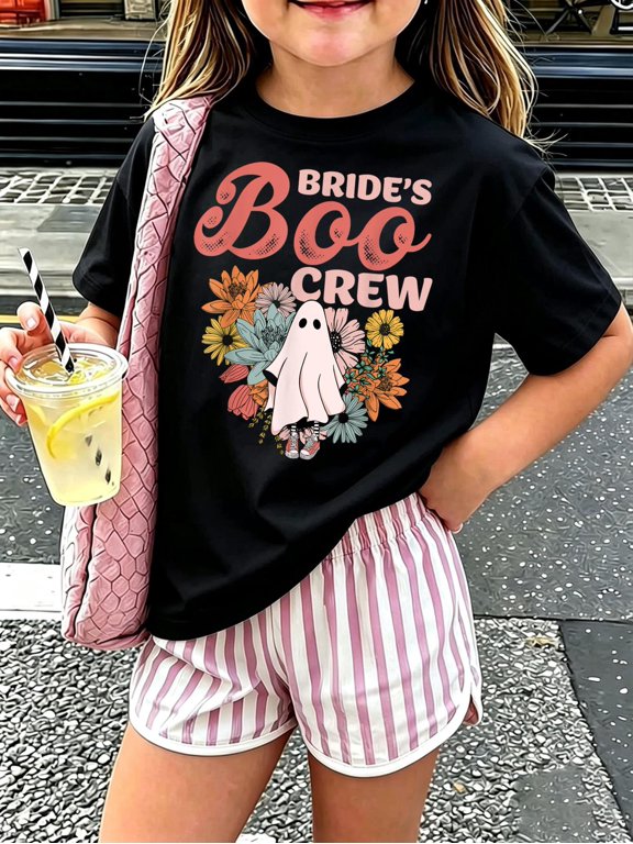 Cotton Bride's Boo Crew Floral Ghost Wedding Bachelorette Halloween Kids T-Shirt Fun Print T‑Shirt