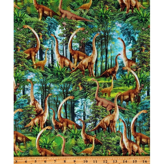 Cotton Brontosaurus in Forest Dinosaurs Dinos Jurassic Animals Prehistoric Age Green Cotton Fabric Print by the Yard (MICHAEL-CD2409-GREEN)