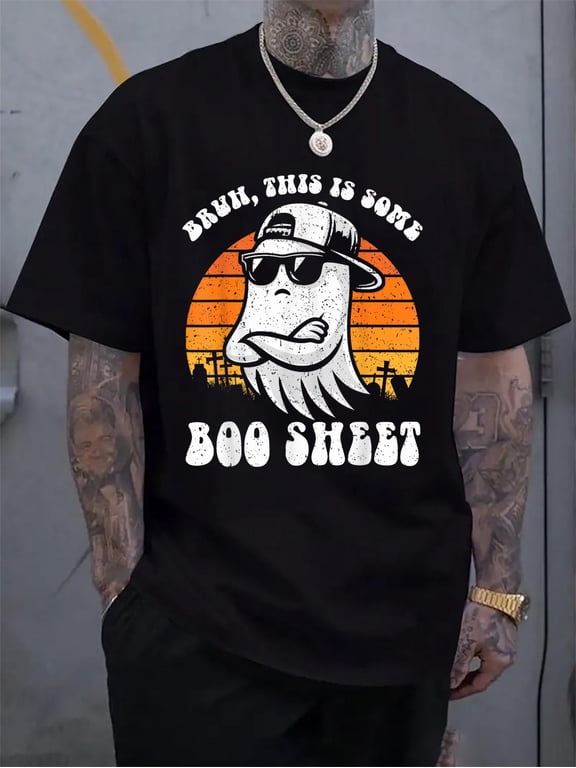 Cotton Bruh This Is Some Boo Sheet Funny Halloween Ghost Retro T-Shirt Men's Graphic Tee,Casual Short Sleeve Shirt