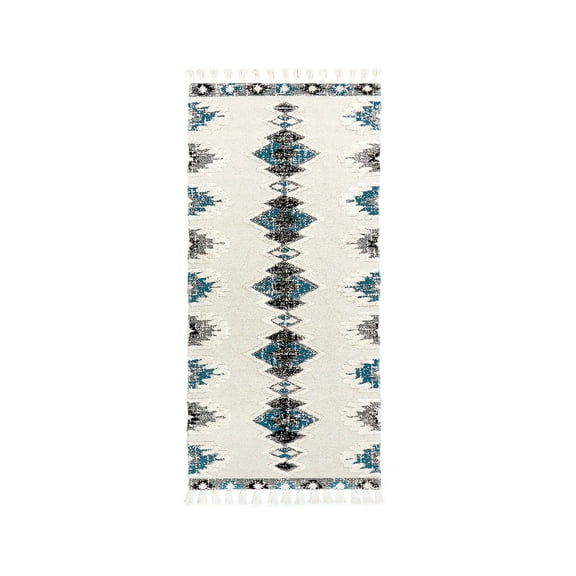 Cotton Buckley Multi Colored Print Geometric Shag Rug Teal, Antero
