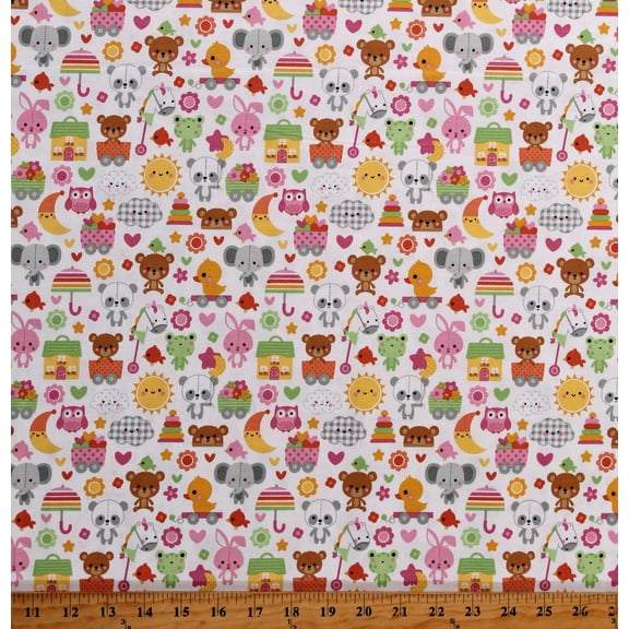 Cotton Bundle of Joy Kids Children Animals Clouds Symbols Babies Sun Moon Girls White Cotton Fabric Print by the Yard (C15290-WHITE) Riley Blake