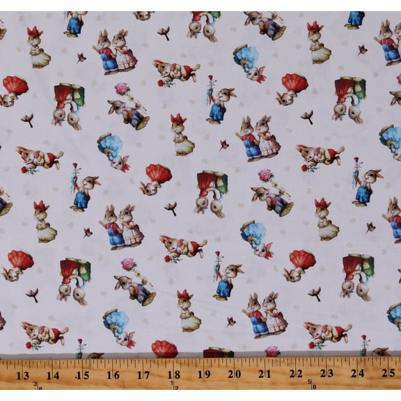 Cotton Bunnies Bunny Rabbits Hearts I Love You Roses Valentine's Day Woodland Animals Cream Cotton Fabric Print by the Yard (27002CREAM)