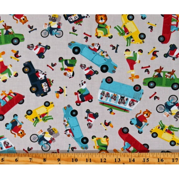 Cotton Busy Street Animals in Cars Bicycles Scooters Skateboards Kids Light Pewter Cotton Fabric Print by the Yard (Y3199-118lightpewter)