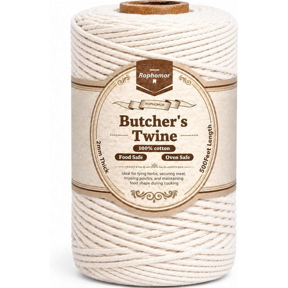 Cotton Butcher's Twine, 2mm,500 Feet, 3-Ply, Food Safe,Oven Safe, Kitchen Cooking String for Meat and Poultry