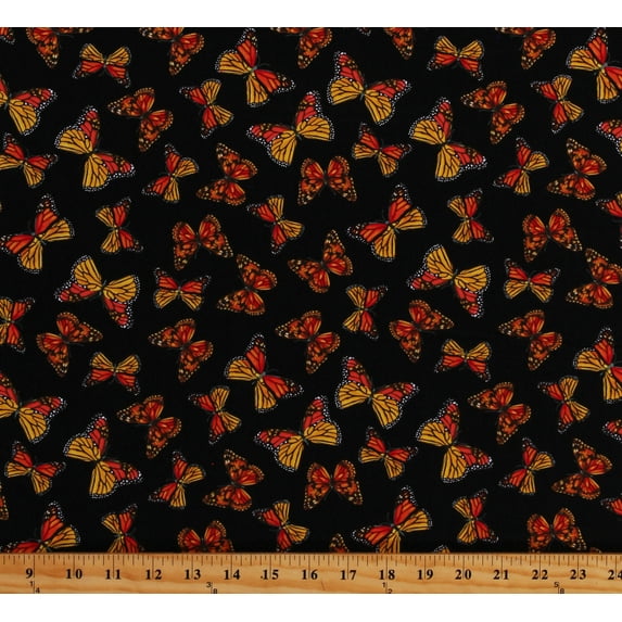 Cotton Butterflies Butterfly Insects Bugs Monarch Butterflies Black Cotton Fabric Print by the Yard (Butterfly-C1135-BLACK)