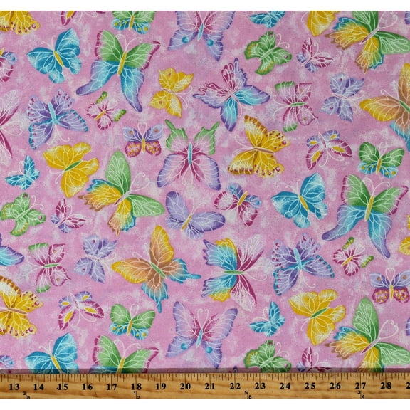 Cotton Butterflies Butterfly Multi-Color Insects Bugs Girls Glitter Sparkles Pink Cotton Fabric Print by the Yard (2638R-2F-pinkbutterfly)
