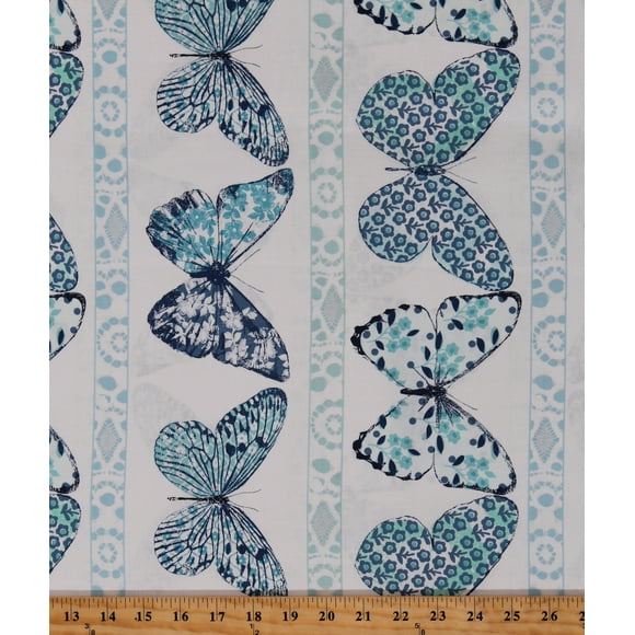 Cotton Butterflies Insects Floral Butterfly Row Blue on White Cotton Fabric Print by the Yard (DC7368-MARI-D)