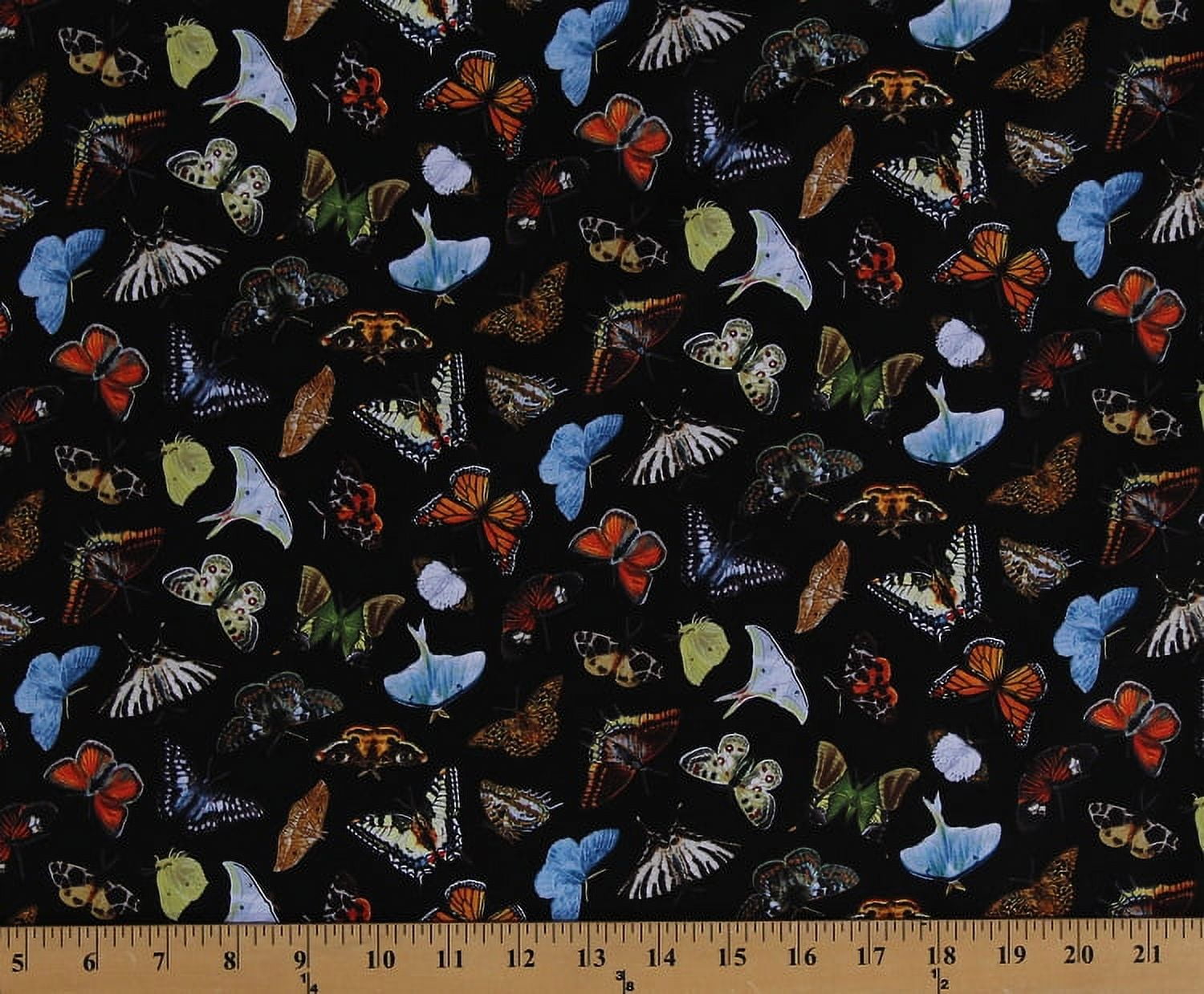Black Cotton Fabric with Colorful Butterflies and Moths Print