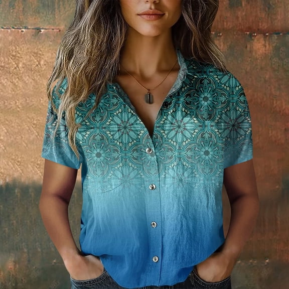 Cotton Button Down Shirts, Printed V Neck, Short Sleeve, Casual Summer Tops, Bubble Wrinkles Material, Blue 5XL, Size S-XXXXXL