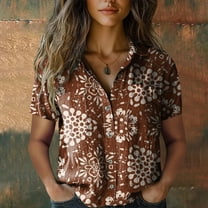Cotton Button Down Shirts, Printed V Neck, Short Sleeve, Casual Summer Tops, Bubble Wrinkles Material, Brown XL, Size S-XXXXXL