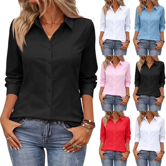 Cotton Button Down Shirts for Women Dress Shirt Long Sleeve Collared Button Up Business Shirt Work Office Blouse Black 5XL