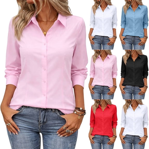 Cotton Button Down Shirts for Women Dress Shirt Long Sleeve Collared Button Up Business Shirt Work Office Blouse Pink L