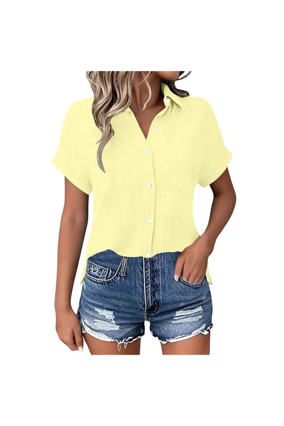 Cotton Button Down Shirts for Women Short Sleeve Tops V Neck Collar Blouses Business Casual Slit Hem with Pocket Yellow