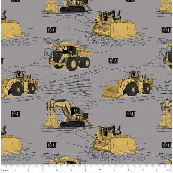 Cotton CAT Construction Equipment Excavators Bulldozers Trucks Riley Blake Gray Cotton Fabric Print by the Yard (C9100-GRAY)