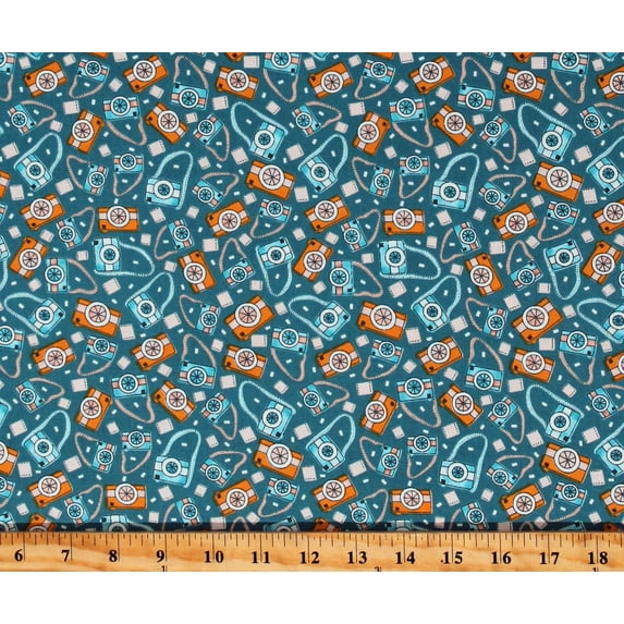 Cotton Cameras Photography Photos Pictures Welcome To Our Neighborwood Teal Cotton Fabric Print by the Yard (6412-76)