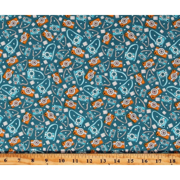 Cotton Cameras Photography Photos Pictures Welcome To Our Neighborwood Teal Cotton Fabric Print by the Yard (6412-76)
