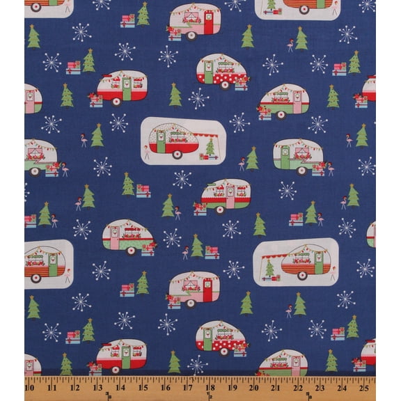 Cotton Campers Camping Trailers Vacation Travel Vehicles Christmas Adventure Holiday Blue Cotton Fabric Print by the Yard (SC10730-DENIM)