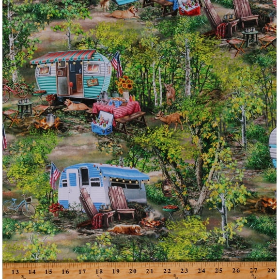 Cotton Camping Campers Campsite Fire Picnic Tables Dogs Puppies Outdoors Woods Forest Greenery Wildlife Deer Green Cotton Fabric Print by the Yard (DONA-CD1910-MULTI)